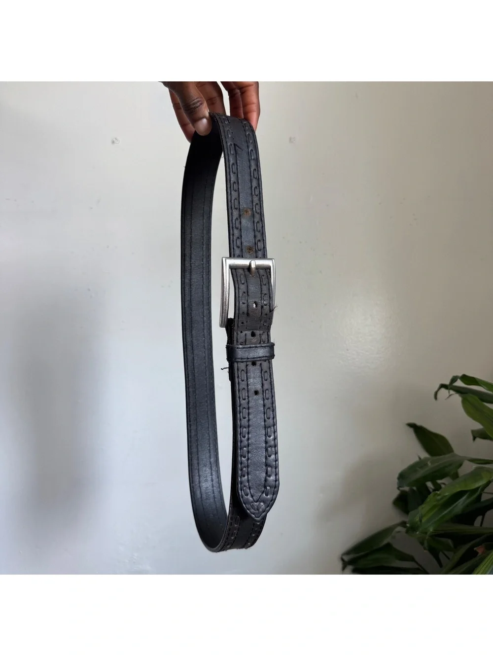 90s distressed Black Genuine Leather Stitched unisex Belt Size 38 Silver Buckle